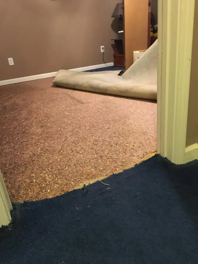 Carpet pad removal revealing water damage during Water Mitigation Services in Sturtevant